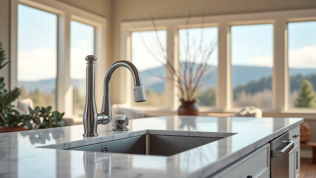 Modern smart home kitchen in Boise Idaho with IoT sensor mounted above stainless steel sink and touchscreen panel on wall