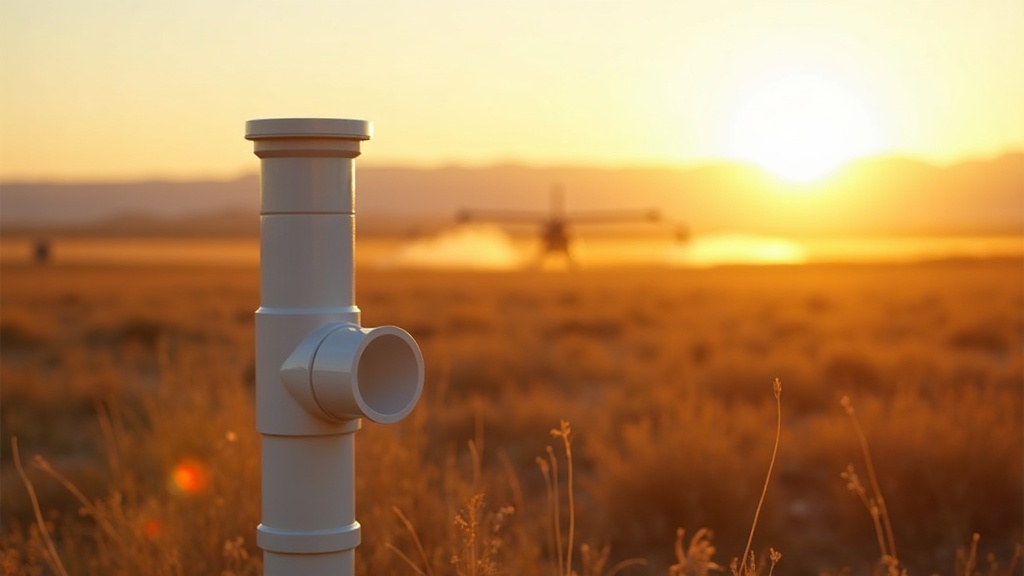 White PVC wellhead casing in Canyon County Idaho agricultural field at golden hour