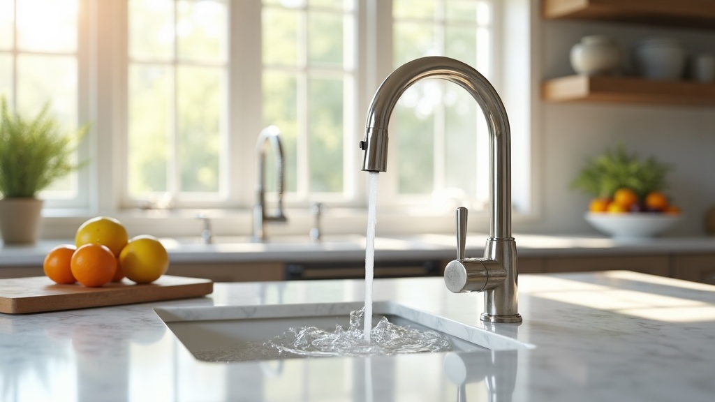 Stainless kitchen faucet with clear water running into a clean glass in a bright Idaho home
