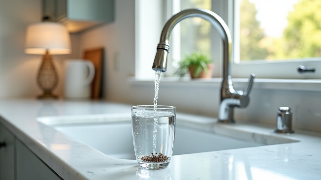 Chrome kitchen faucet with dark mineral particles visible in glass of water, Idaho craftsman kitchen