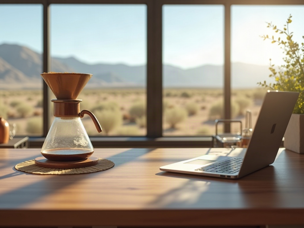 A clean home office desk setup with a laptop, coffee maker, and water glass in a Boise Idaho home