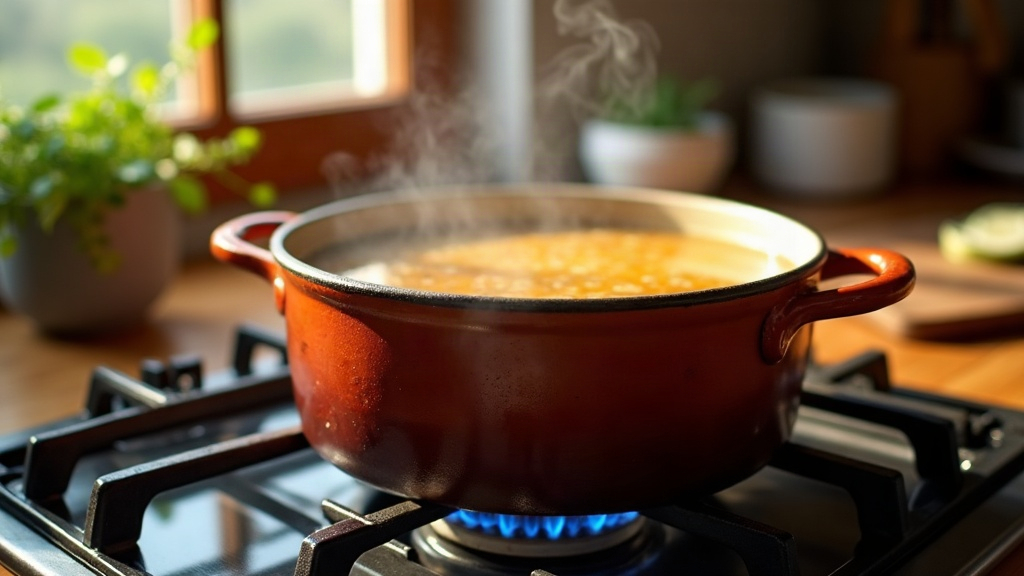 Golden bone broth simmering in a Dutch oven in a Boise Idaho farmhouse kitchen
