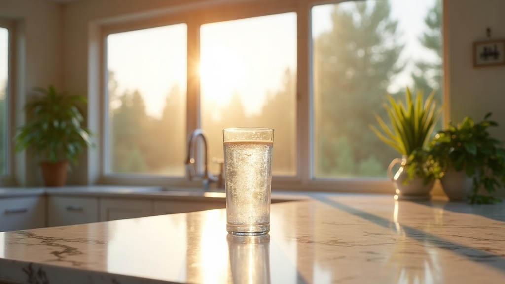 Morning light through large windows in a modern Boise home with clear glass of water on counter, no people