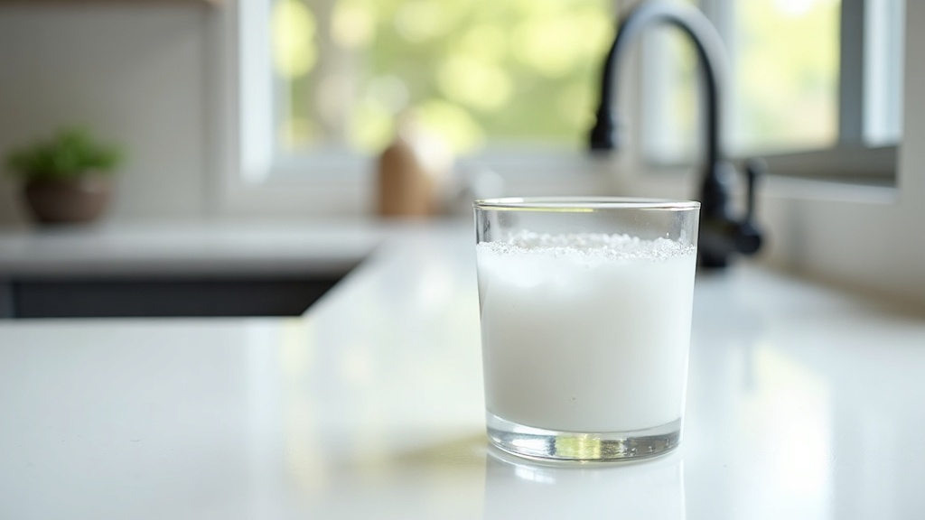Clear glass of cloudy milky tap water on white Boise kitchen counter showing dissolved air bubbles