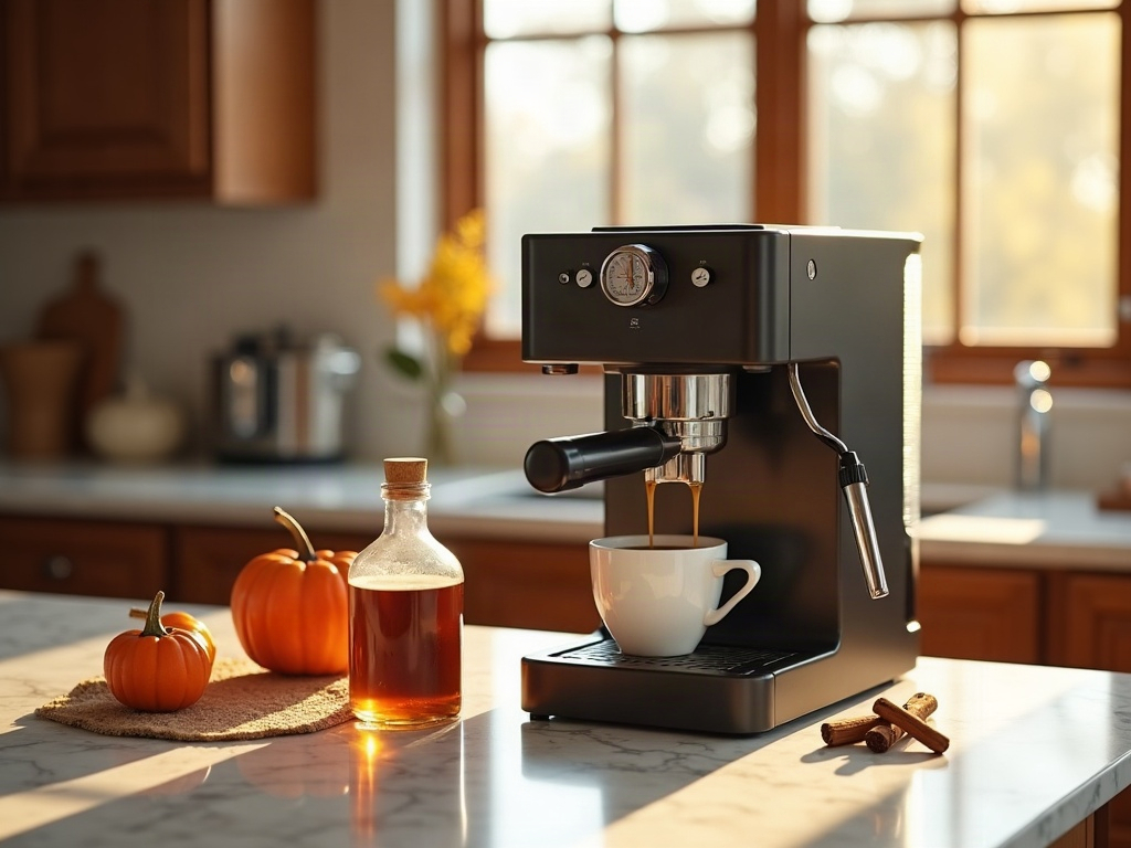 Home espresso machine with fall spice drinks on a Boise kitchen counter