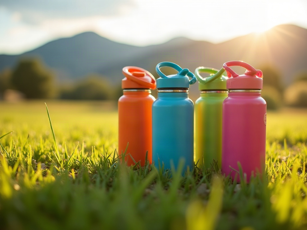 Colorful youth sports water bottles on a Boise Idaho park sideline, Foothills in background