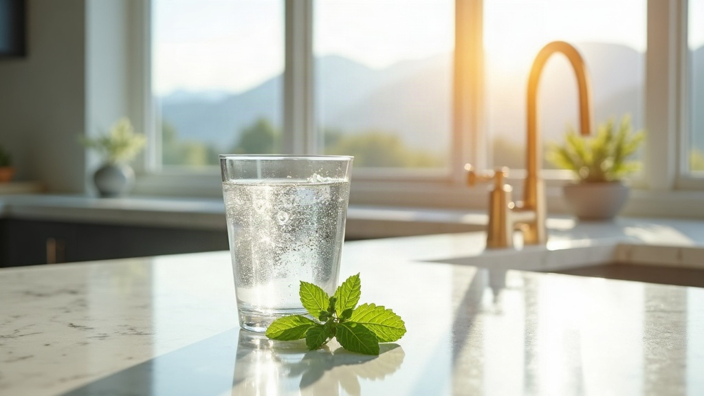 Glass of clean filtered water on a bright Idaho kitchen counter, morning light, healthy living