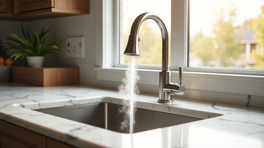 Steam rising from hot water at a chrome kitchen faucet in an Idaho home
