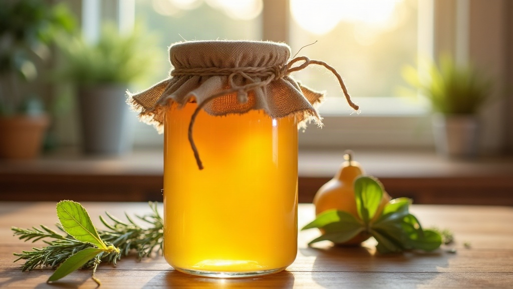 Mason jar of golden kombucha on a sunlit Idaho farmhouse kitchen counter