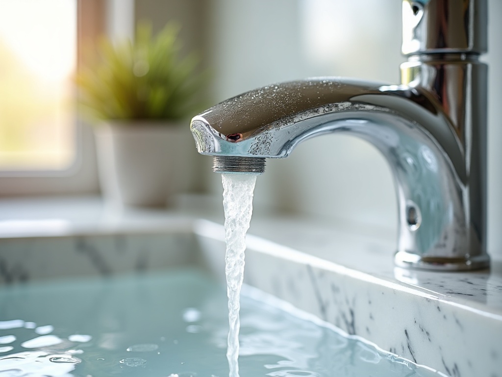 Chrome faucet with mineral scale buildup in a Meridian Idaho home bathroom