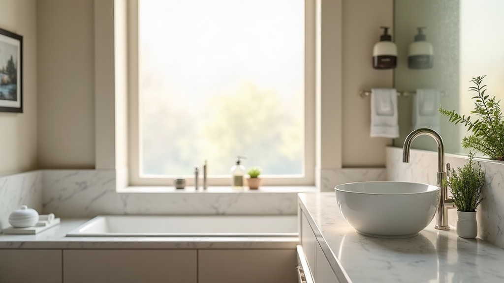 Spa-style bathroom interior with marble countertop, chrome faucet, and glass water pitcher in a Boise Idaho craftsman home