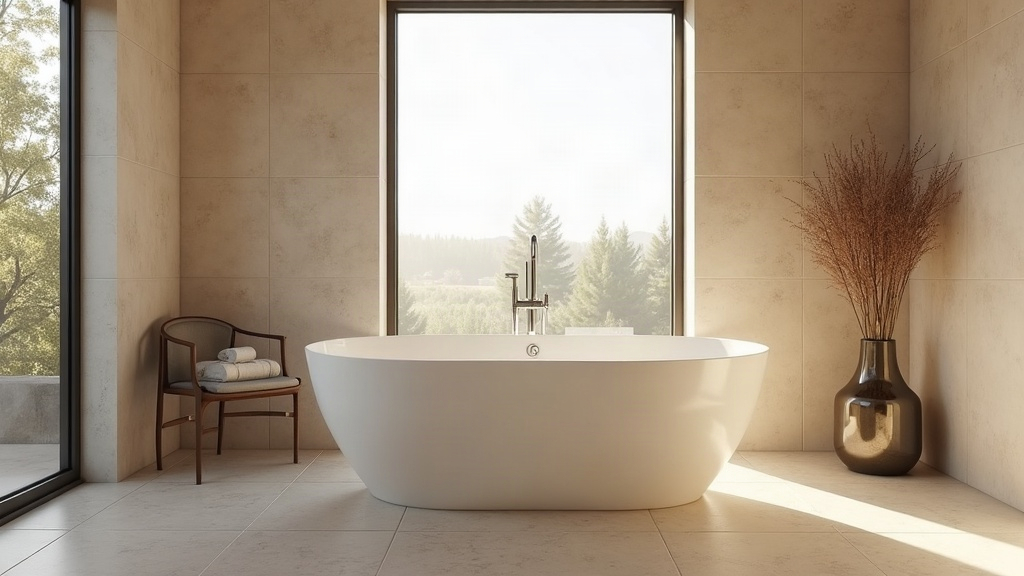 Freestanding soaking tub in a bright modern Idaho home bathroom with natural travertine tile and natural light