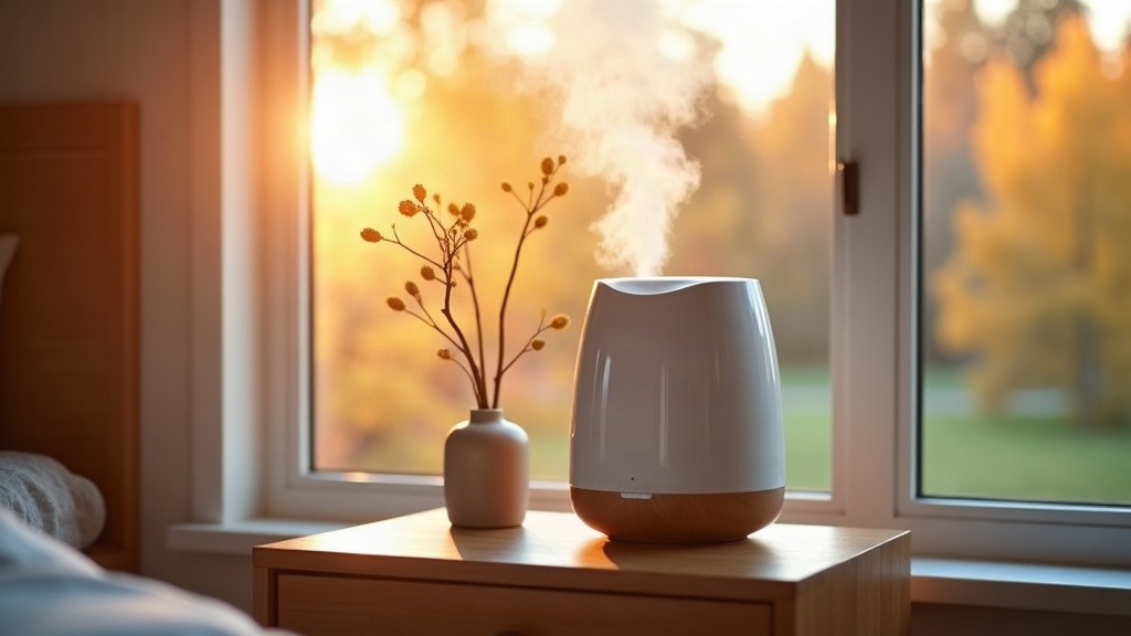 White ultrasonic humidifier misting in a bright modern Boise Idaho home during fall allergy season