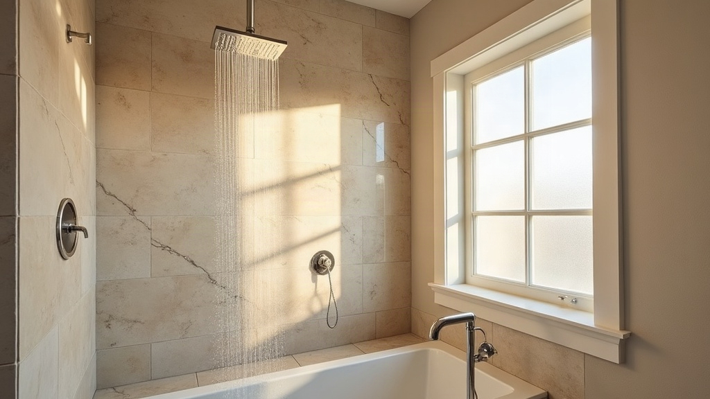 Close-up of healthy hair in a Boise bathroom with modern stone tile, natural morning light, no people
