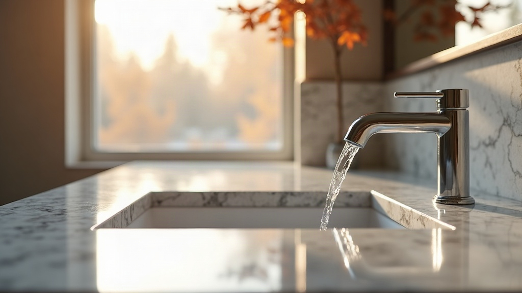 Dry autumn leaves beside a bathroom sink in a modern Boise Idaho home, warm light through window