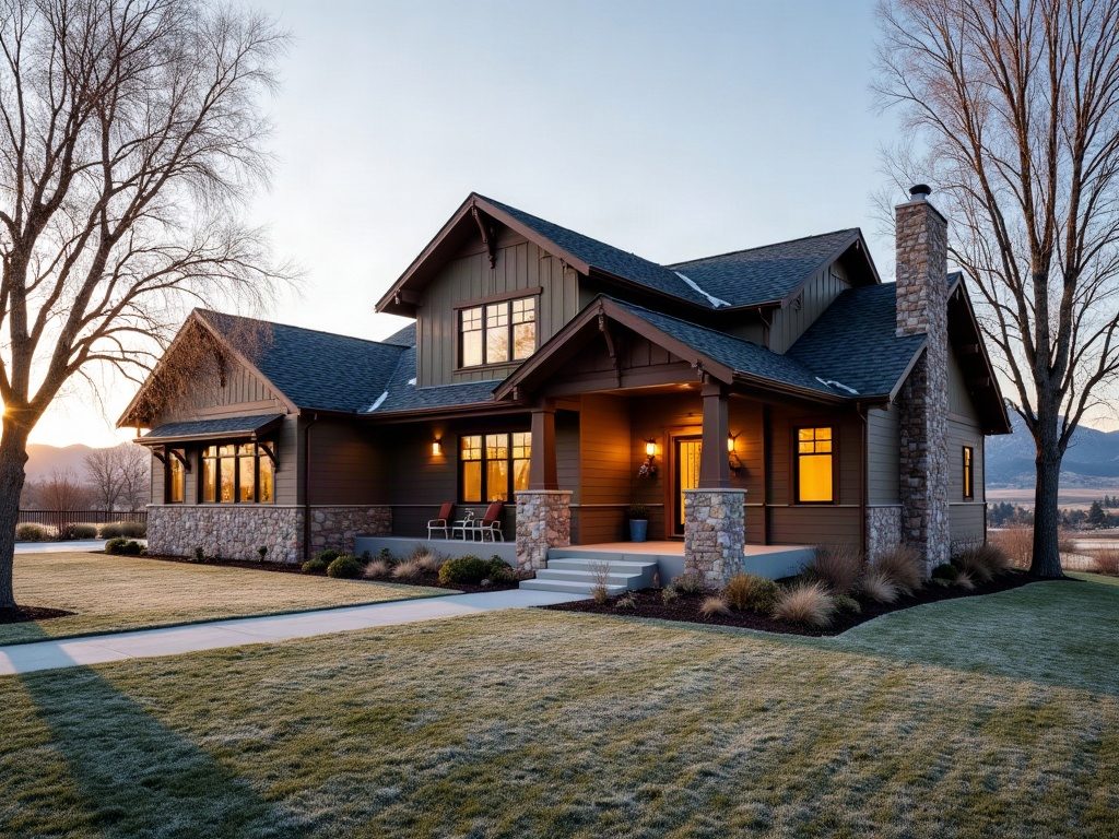 Frost-covered craftsman home exterior in Meridian Idaho during early winter showing vulnerable pipe location near foundation
