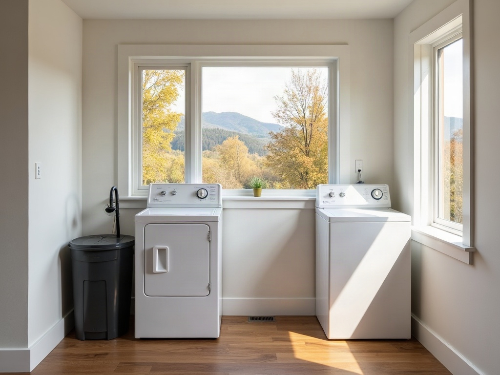 Bright modern home utility room in Boise Idaho with water softener system and autumn light through window