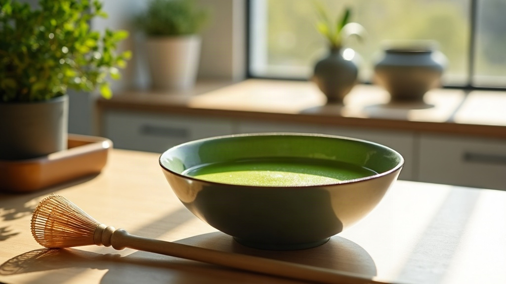 Ceremonial-grade matcha being whisked in a ceramic bowl on a bright modern Idaho kitchen counter with soft natural light