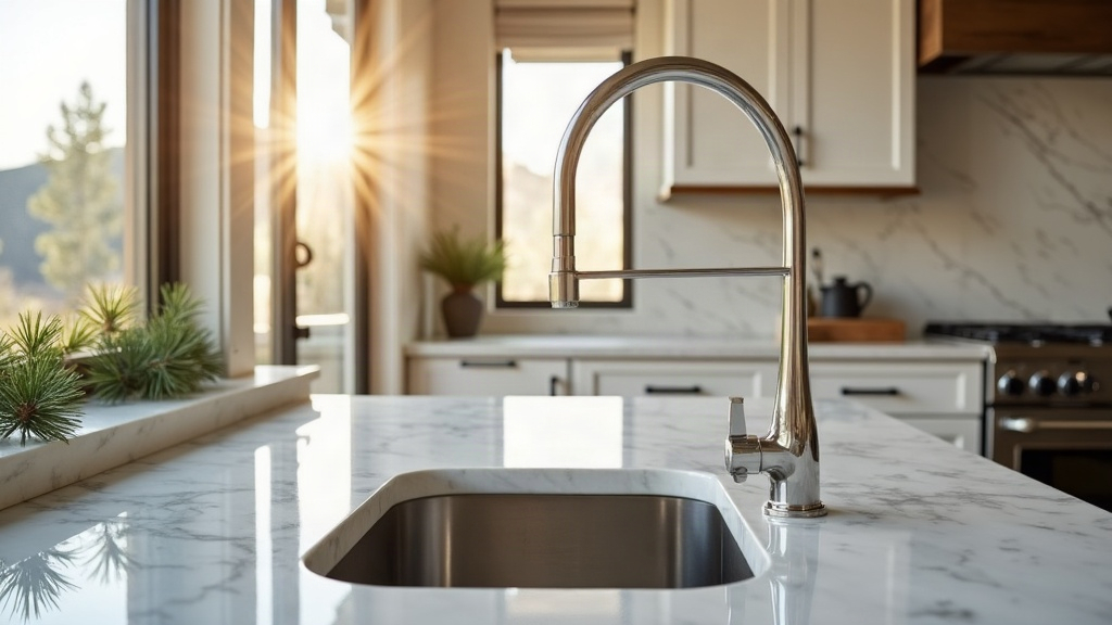 Upscale Boise Idaho home kitchen with clean countertops and chrome farmhouse faucet ready for holiday season