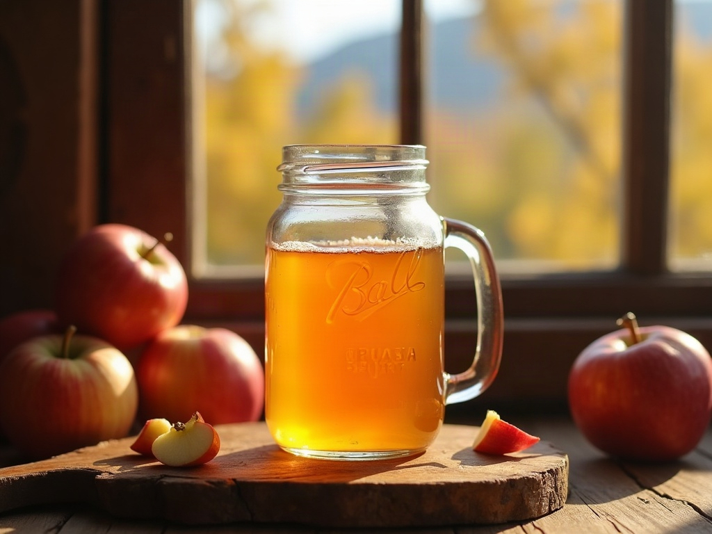 Fresh-pressed apple cider in a glass mason jar with autumn light and Idaho orchard in background