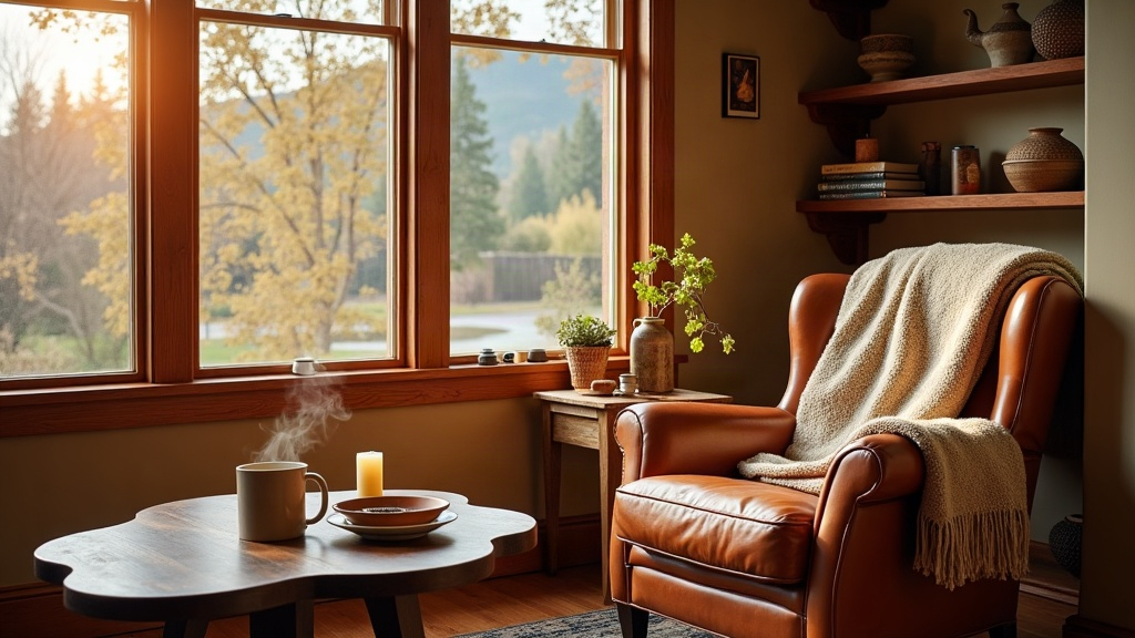 Cozy fall home interior with warm lighting and kettle in a Boise Idaho craftsman home