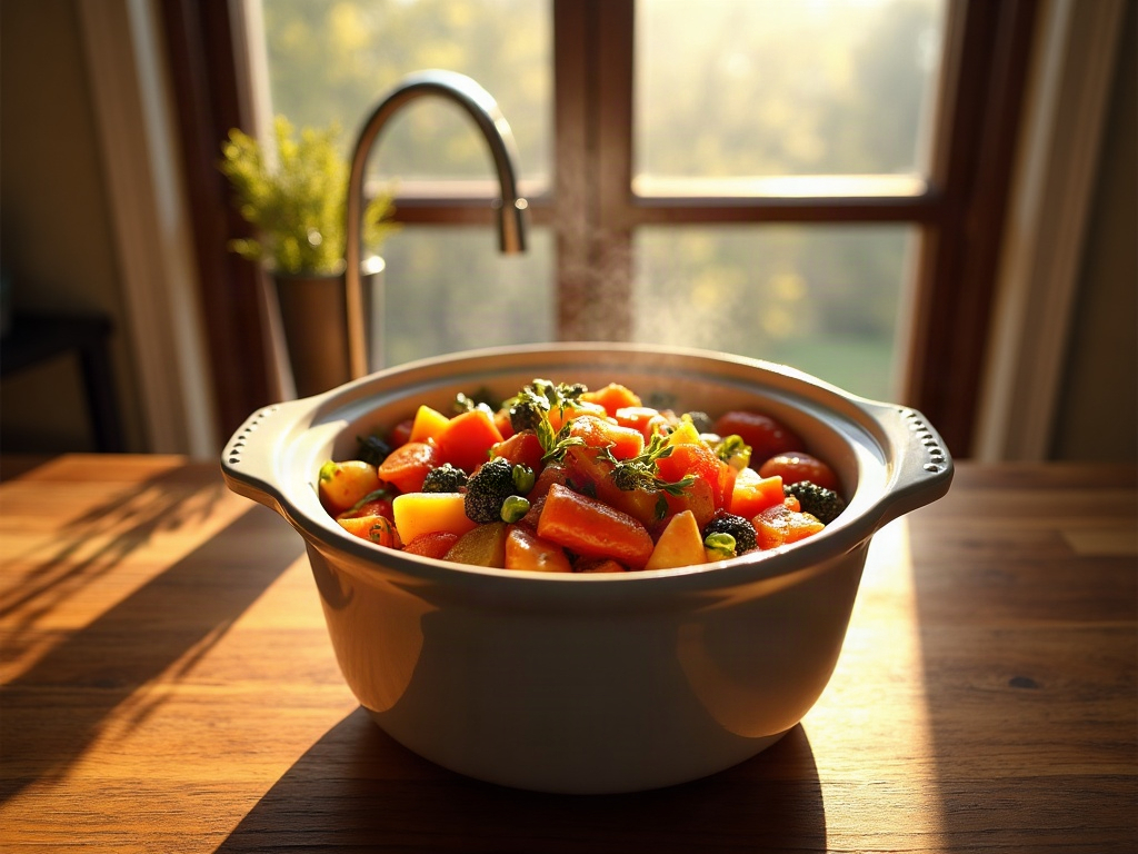 Autumn slow cooker stew on a wood counter in a Meridian Idaho kitchen