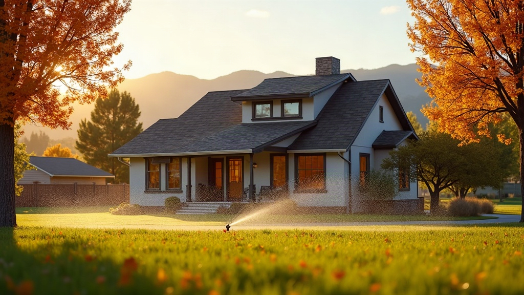Irrigation sprinkler head in a Boise Idaho lawn with a water softener visible in garage background, fall season