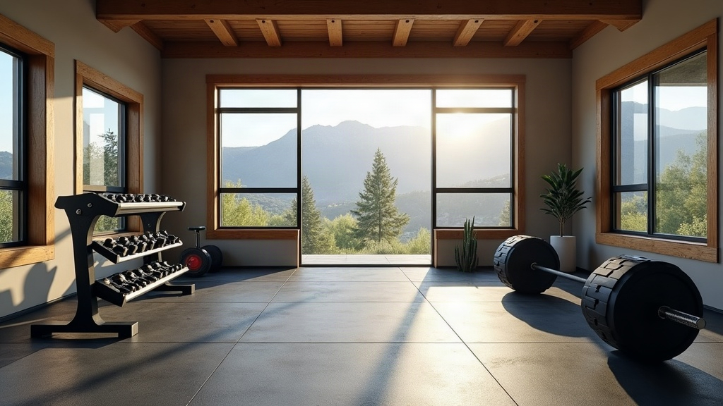 Luxury home gym in a Boise Idaho craftsman home with rubber floor tiles, dumbbells, and natural light