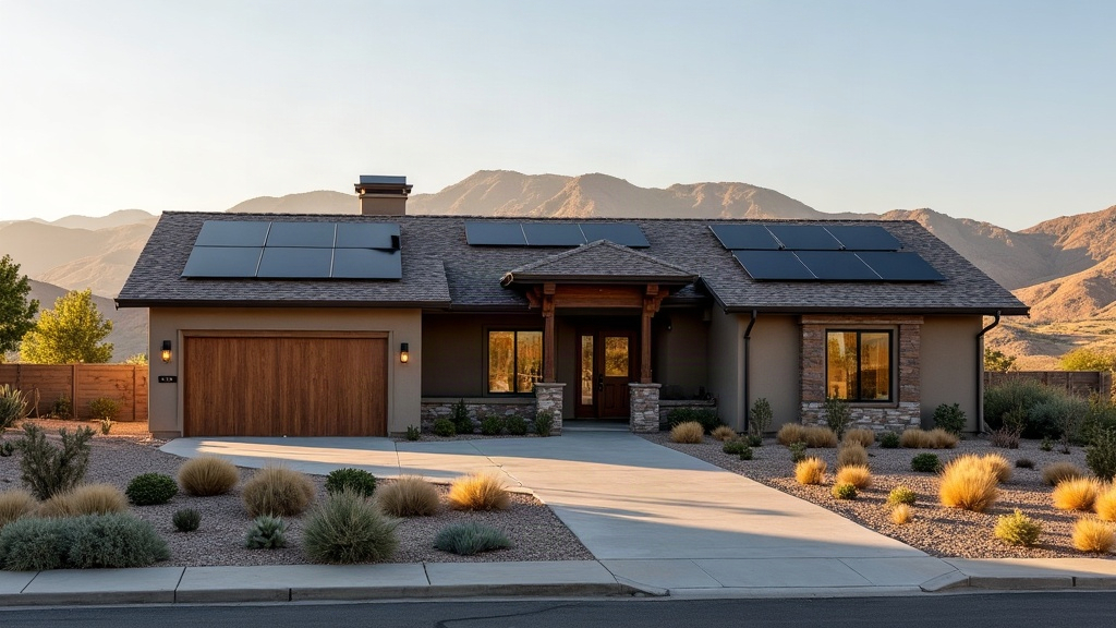 Modern craftsman home in Eagle Idaho with solar panels and Treasure Valley foothills in background