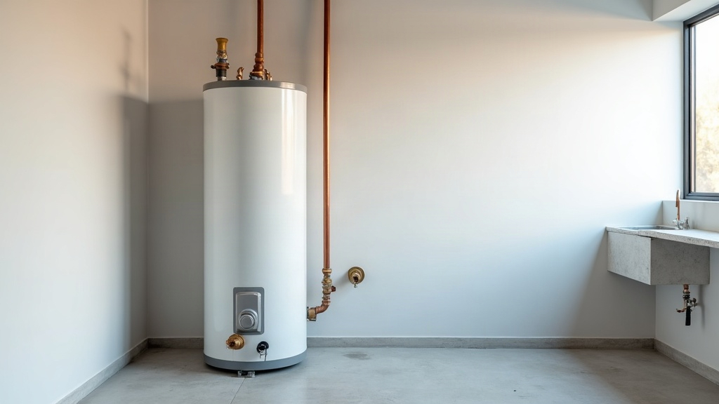 Water heater tank in a clean Boise Idaho utility room showing copper pipe connections and drain valve used for seasonal flushing