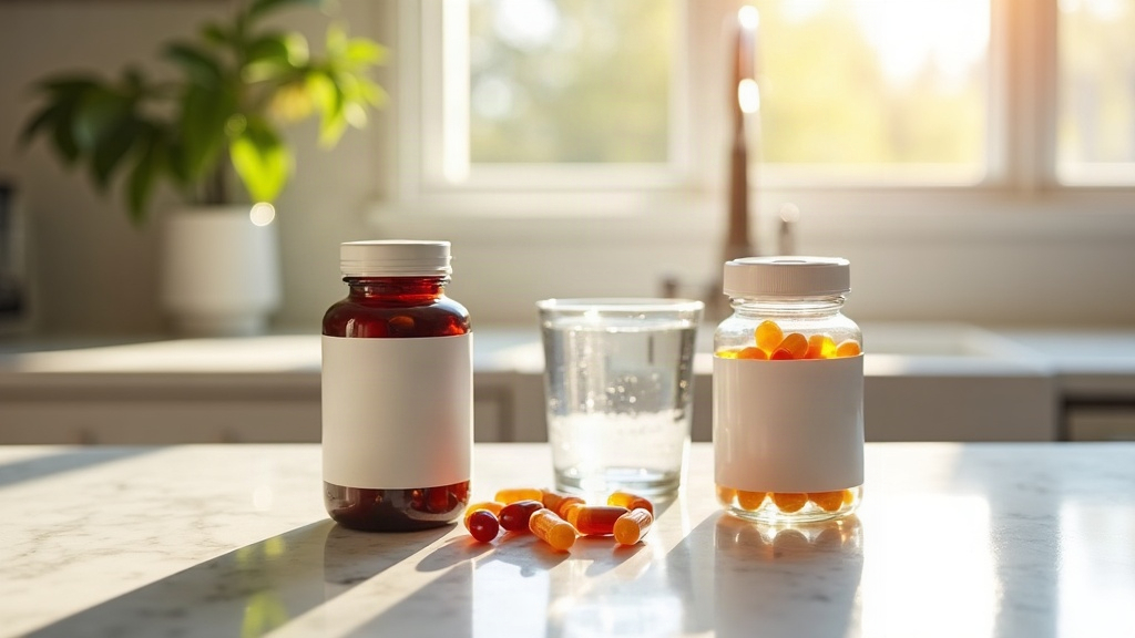 Zinc supplements and elderberry capsules beside a glass of clear filtered water on a Boise kitchen counter