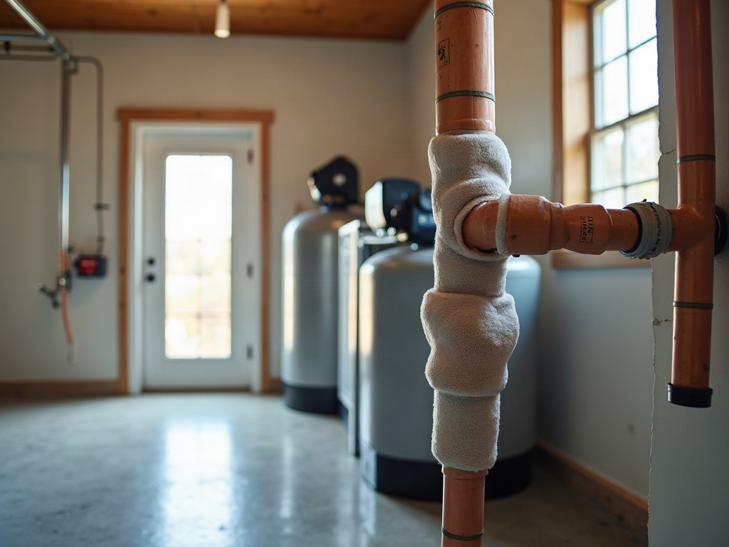 Modern water softener system installed in a clean Idaho home garage with insulated pipes and natural daylight