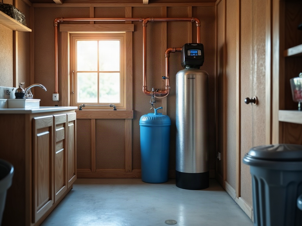 Water softener tank in an Idaho home utility room prepared for winter