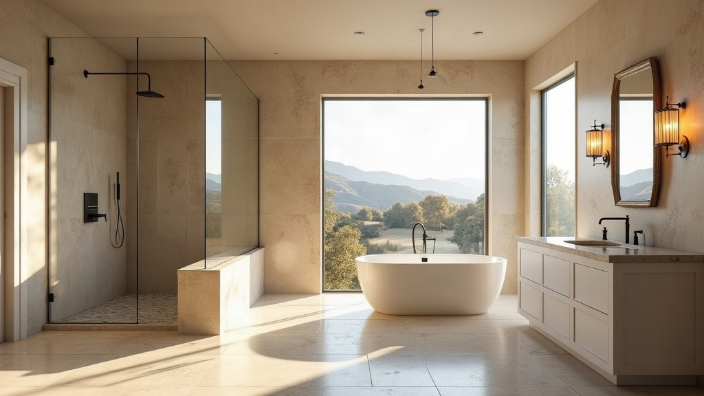 Luxury travertine bathroom interior in a custom Eagle Idaho home with rainfall shower and natural stone finishes