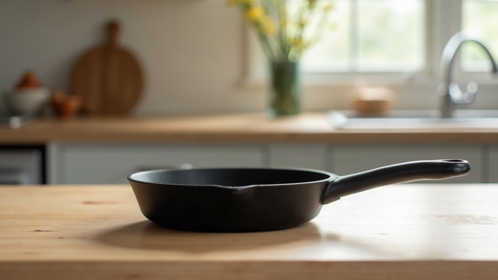Seasoned black cast iron skillet on a stove in a bright Meridian kitchen