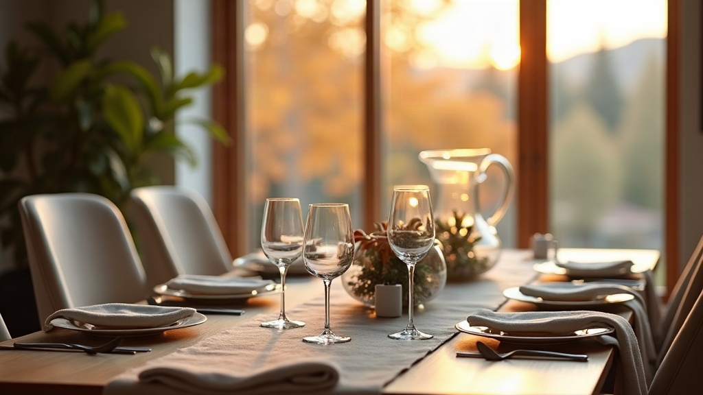 Clear wine glasses and a water pitcher on a wooden dining table set for a holiday dinner in a bright Idaho home