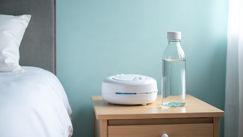 White bedside CPAP humidifier beside a bottle of distilled water on a light oak nightstand in a Boise bedroom