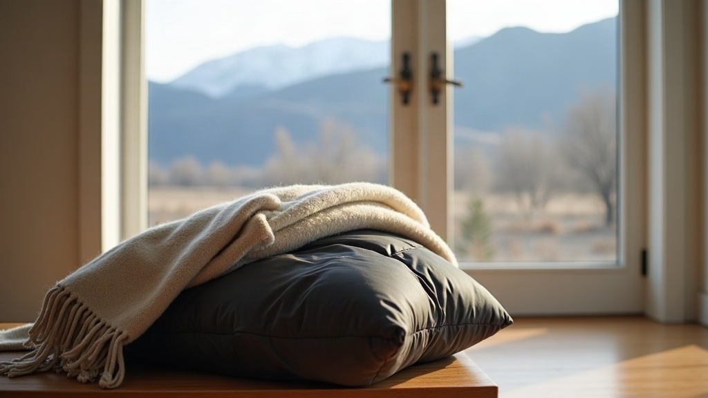 Folded puffer jacket and wool scarf on a wooden bench inside a bright Idaho entryway