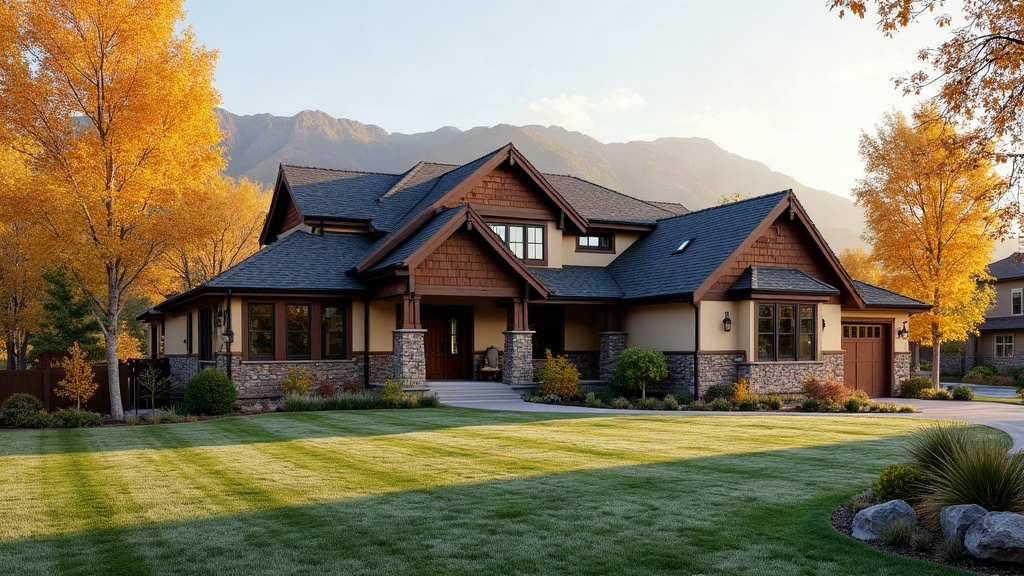 Boise Idaho craftsman home in autumn with frost on lawn preparing for first freeze