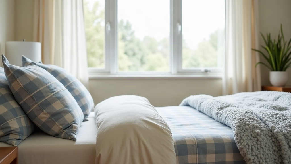 Neatly made bed with plaid flannel bedding in a bright Boise bedroom