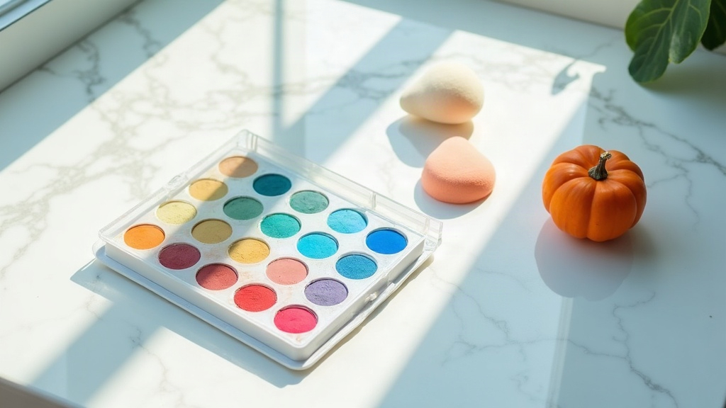 Face paint palette, sponge, and a small pumpkin on a bright bathroom counter near a window