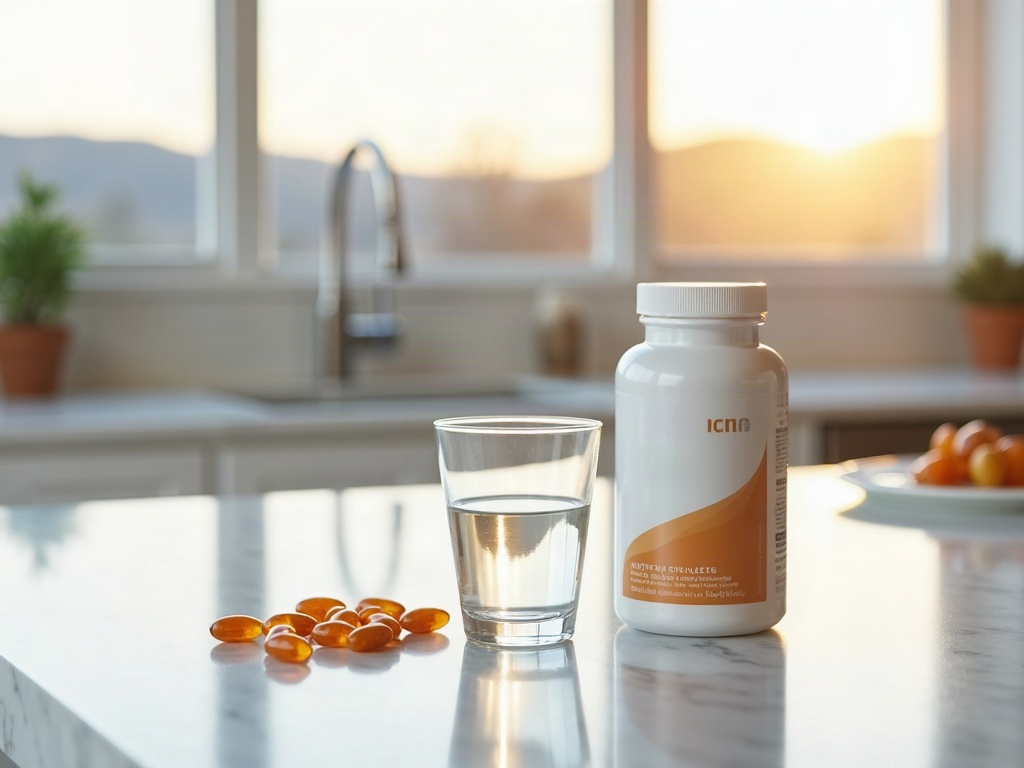 Iron supplement bottles and glass of water on marble countertop, Idaho craftsman kitchen