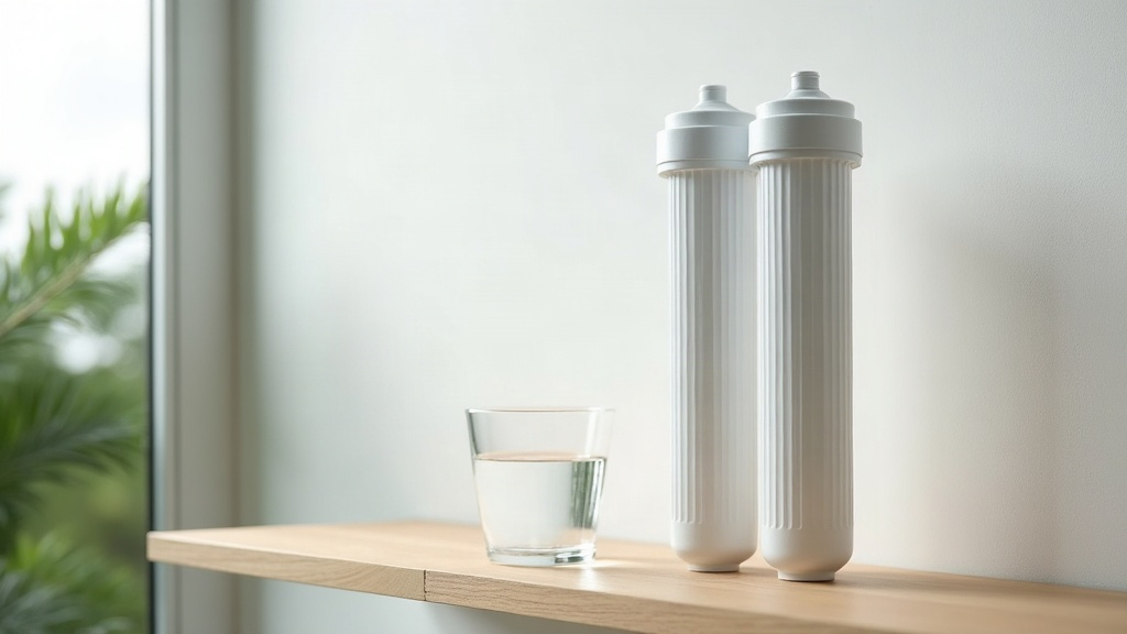 Two white water filter cartridges and a glass of clean water on a light oak shelf by a window