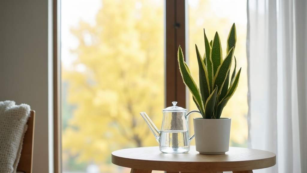 Snake plant in a white pot beside a glass watering can by a sunny window in a Boise home