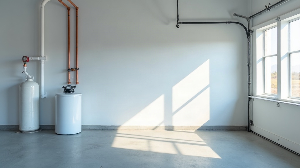 Empty garage utility room with a water softener tank ready to be moved