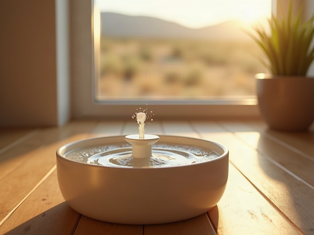 Dog drinking from a pet water fountain with white mineral scale crust on the bowl