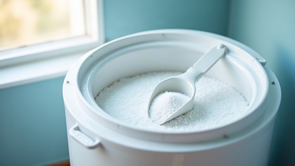 White water softener brine tank filled with salt pellets and a scoop in a bright utility room in Boise
