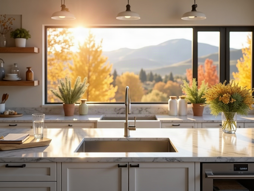 Boise Idaho craftsman home kitchen with mountain view and water quality planning notebook, no people