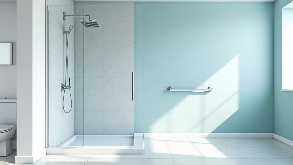 Bright empty Boise bathroom with a walk-in shower, light tile, and a stainless grab bar