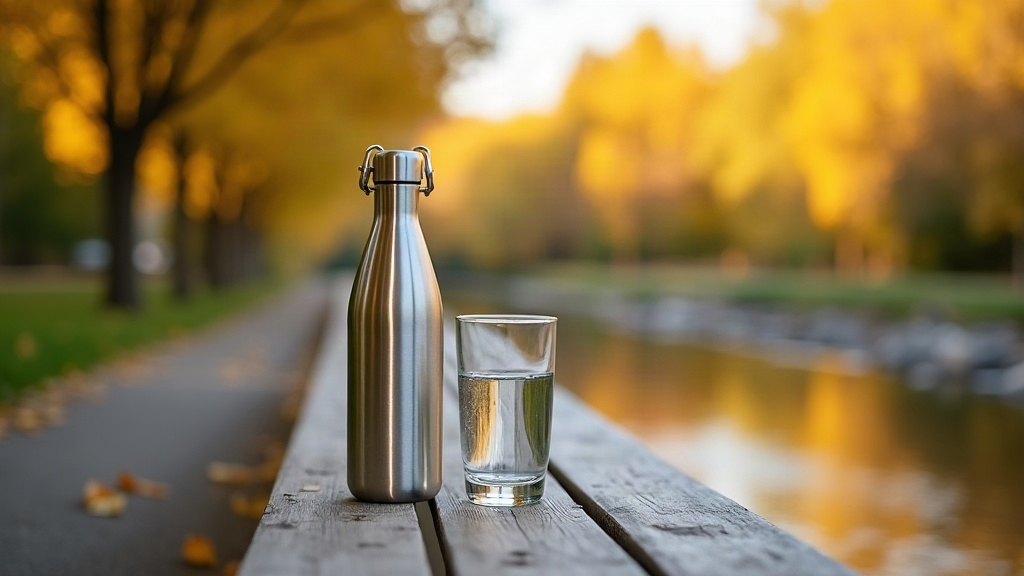 Stainless steel water bottle and a glass of water on a wooden bench beside the Boise River Greenbelt in autumn